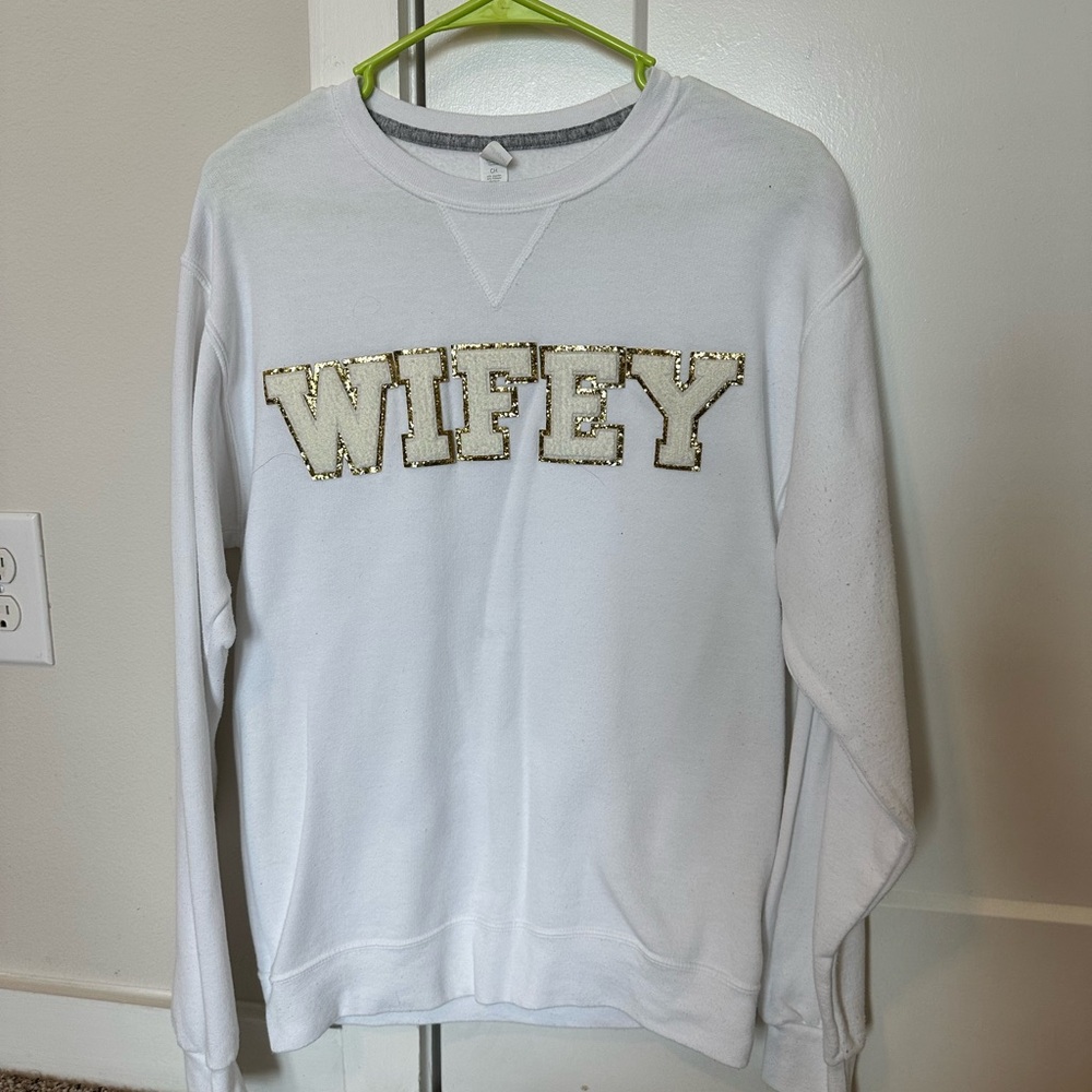 White Wifey Sweatshirt with Gold Letter Patches